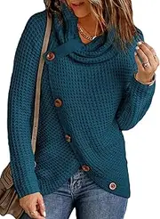[Actloe] Womens Cowl Neck Long Sleeve Asymmetrical Hem Sweaters Front Wrap Pullover Jumper