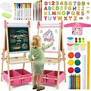 Kids Easel Including 100+ Accessories, Rundad Double Sided Wooden Easel for Kids Age 3-8 with Magnetic Chalkboard & Painting Board(Pink)