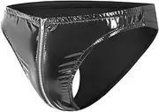 [Syhzlz] Men's Shiny Leather Shorts, Sexy Zipper Open Crotch, Briefs Bulge Pouch, Comfort Stretch Waistband