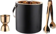 Stainless Steel 3 Piece Black & Copper Bar Set for Drink/Gift, Double Wall - Ice Bucket with Tong & Peg Measure