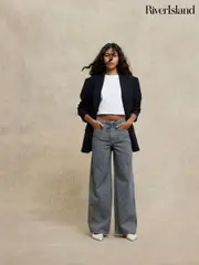 River Island Blue Wide Leg Tie Front Striped 100% Cotton Jeans (F66287) | $125