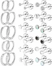 [TAIGRAMA] Surgical Steel Flat Back Earrings Set of 12, Hypoallergenic Earrings for Multiple Piercing Sensitive Ears, Small Cartilage Huggie Hoop Earrings Ball CZ Opal Screw Back Stud Earrings for Women Men