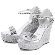 Christian Louboutin Madmonica 120 Leather Espadrille Wedge Sandals - Silver