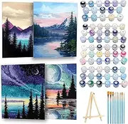 Ninonly Set of 4 Paint by Numbers Adults with Frame, DIY Oil Painting, Painting by Numbers for Beginners and Adults, with 16 Brushes and 4 Sets of Acrylic Paints, 24 x 30 cm, Starry Sky