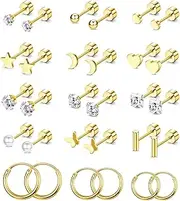 [Kakonia] Small Tiny Stud Earrings for Women Men Stainless Steel Stud Earrings Sets CZ Heart Moon Star Flatback Earrings Cartilage Hoop Earrings