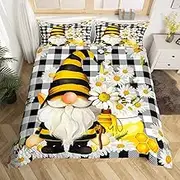 Daisy Gnomes Duvet Cover Set Queen Size Black White Grid Bedding Set 3pcs for Kids Girls Boys Teens Home Decor Bee Flowers Spring Style Comforter Cover Plants Nature Quilt Cover,2 Pillowcases