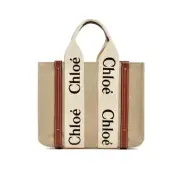 CHLOÉ Small Woody Tote Bag in Linen, White & Brown