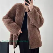 100% Wool Womens Lamb Fur Shearling Coat Zip Overcoat Round Neck Outwear Western