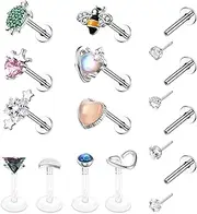 [FIBO STEEL] 14 PCS 16G Tragus Piercing Jewelry Medusa Piercing Jewelry Labret Jewelry Conch Helix Piercing Jewelry Tragus Earrings for Women Surgical Steel Screw Back Flat Back Earrings Threadless Nose