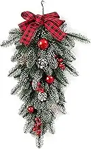 Christmas Teardrop Swags, 23.6inch Artificial Pine Swag with Bowknot, Red Berries and Pinecone, Winter Pine Needles Swag Greenery Cedar Swag for Xmas Table Door Decor