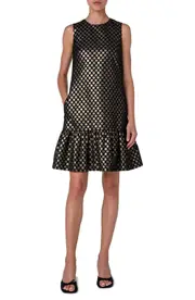 Akris punto Metallic Dot Jacquard Ruffle Hem Dress in Gold-Black at Nordstrom, Size 4 Goldlack