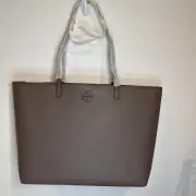 NWT AUTH NEW Tory Burch Women's McGraw Pebbled Leather Tote Bag In Silver Maple