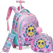[Meetbelify] Rolling Backpack for Girls Backpacks with Wheels for Elementary Preschool Students 3 in 1 Carry on Travel Luggage Kids Suitcase with Lunch Box Pencil Case for Girls Age 8-10, 01 Flower
