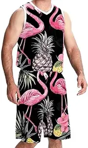 [KQNZT] Basketball Jersey for Men, Outfit Tank Top Track Shorts, Athletic Shirts for Team Scrimmage, Pink Pineapple Flamingo Tropical Palm Leaf