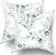 Spring Sage Green Leaf Pillow Covers 18x18 Set of 2, Eucalyptus Floral Watercolor Pillow Cushion Cases, Gray Seafoam Leaves Print Modern Throw Pillows Cover Decor Gifts for Bed Couch Sofa Living Room