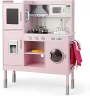 HONEY JOY Wooden Kids Kitchen Playset, Height Adjustable Pretend Play Kitchen Playset w/Real Sounds & Lights, Range Hood, Stove, Microwave, Ice Maker, Washing Machine, Telephone, for 3+ Years, Pink