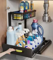 2-Tier Under Kitchen Bathroom Sink Organizers and Storage No Drilling Rustproof Stainless Steel Pull Out Shelf for Kitchen Bathroom