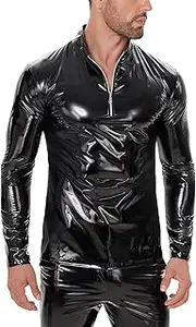 [Panegy] Men's Liquid Shiny Leather Shirt Jacket Slim Fit Wetlook Party Nightout Club 70s/80s Disco Blouse Tshirt