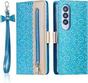 Compatible with Samsung Galaxy Z Fold4 5G 2022, Leather Zipper Wallet Flower Lace Pattern Case with Credit Card Slots Holder Cover Case for Galaxy Z Fold 4