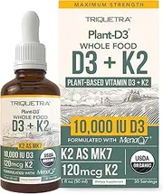 Organic Plant D3 + K2-10,000 iu D3 - All-Trans MK7 from MenaQ7 (120 mcg K2) - 100% Organic & Plant-Based Sublingual D3 Drops (Cholecalciferol), 100% Vegan - Supports Immunity, Bone, Mood & Brain