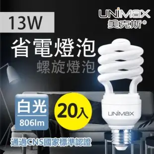 美克斯UNIMAX 13W 螺旋省電燈泡 E27 節能 省電 20入組