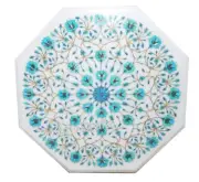 Octagon Marble Coffee Table TopTurquoise Stone Inlay Work Kitchen Corner Table
