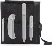 GERMANIKURE Crystal Glass Nail File Set in Black Leather Case – Handmade in Czech Republic – Professional Manicure & Pedicure Supplies – Glass Cuticle Stick, Pusher, Moon File