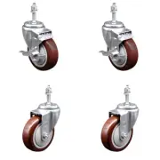 4 Inch SS Maroon Polyurethane Swivel 3/8 Inch Threaded Stem Caster Set 2 Brake