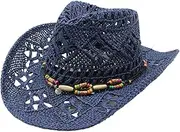 [Generic] Cowboy Hats for Women Classic Straw Cowgirl Beach Hat Music Festival Party Adult Sun Straw Western Cowboy Hats, C-navy, One Size, C-navy, One Size