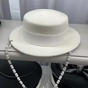 [Hcclijo] Winter Wool Felt Pearl Chain Lady Fedoras Cap Women Panama Jazz Hat