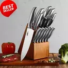 15 Pcs Stainless Steel Knife Set with Block & Built-in Sharpener
