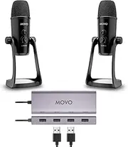 Movo USB Podcast Equipment Bundle for 2 – USB Interface with 2 UM700 Condenser Microphones – 4-Port Powered Hub for Streaming, Podcasting, Interviews (with 2 Microphones)