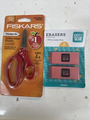Fiskars 5" Pointed-Tip Scissors, Safety-Edge Blades Ages 4+ and 2 Pack Erasers