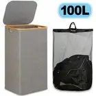 100L Bamboo Laundry Basket Collapsible Laundry Hamper With Lid Washing Clothes.