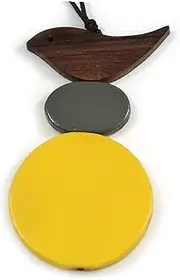 [Avalaya] Yellow/Brown/Grey Wood Bird and Bead Pendant with Black Cotton Cord - Adjustable - 80cm Long/ 11cm Pendant, cords Wood
