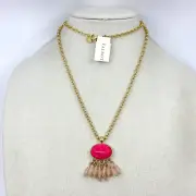 Talbots Necklace Pink Acrylic Cabochon Beaded Fringe Gold Tone 38" Jewelry