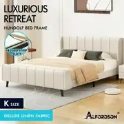 ALFORDSON Bed Frame King Size Tufted Headboard Base Beige Fabric HUNDOLF