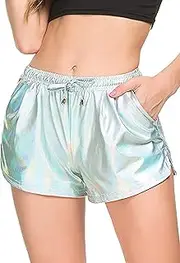 [Tandisk] Women's Yoga Hot Shorts Shiny Metallic Pants Elastic Drawstring
