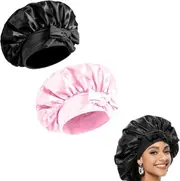 2PCS Adjustable Silk Bonnet for Sleeping, Satin Hair Bonnets Elastic Wide Band Bonnets