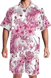 [FNETJXF] Men's Hawaiian Shirts and Shorts Set, Men's 2 Pieces Shirt Sets, Men Beach Outfits Sets, Flower Pink Animal Unicorn, Cruise Outfits for Men