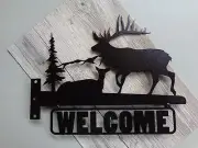 Elk Welcome Sign Plasma Cut Metal Wall Art 15" W x 12" T Black Hammered Finish