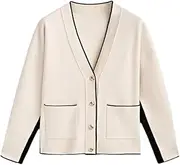 [Generic] Women's V-Neck Button Contrasting Color Splicing Design Pocket Temperament Women's Knitted Cardigan Sweater Casual Loose Cardigan Jacket