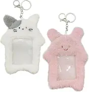 [Zhuluck] 2Pcs Cute Plush Photocard Holder with Keychain, Cartoon Rabbit Cat Photo Sleeve Cartoon Plush Photo Sleeve Protective Case Photo Albums, Frames Accessories (Pink+White), Pink and White