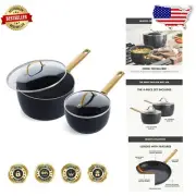 PFAS-Free 1.5QT & 3QT Nonstick Saucepan Set - Elegant Gold Handles & Glass Lids