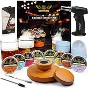 WillsCoo Cocktail Smoker Kit with Torch - 2 Whiskey Glasses 2 Ice Ball Molds 8 Flavor Orange Cinnamon Ginger Anise Wood Chips for Whiskey & Bourbon, Old Fashioned Smoker Set, Gifts for Men