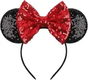 Eisyaa Mouse Ears Bow Headbands, Sequin Minnie Ears Headband Glitter Party Princess Decoration (Black-Red)