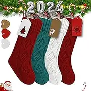 Christmas Stockings - 4 Pack of Large 18 inch Burgundy Red, Ivory White, Green - Stretchable Knitted Xmas Stockings with 50Pcs Personalizeable Gift Tags for Family Holiday Christmas Décor
