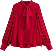 [Sweejim] Women's Bow Ribbon Chiffon Shirt Tops Casual Solid Long Sleeve Single Breasted Blouses