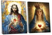 YMXZHUANSH 2 Piece Christ Jesus and Virgin Mary Wall Art Sacred Heart of Jesus and Mary Pictures Canvas Christian Painting Religiou Church Decor Frame(Blue 12x16inchx2P (30x40cmx2P))