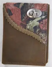 ZEP-PRO NEW ORLEANS FLEUR DE LIS Fence Row Camo Leather Trifold Wallet Tin Box